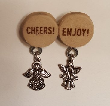 Two Angels Cheers Enjoy Brooch - Cork Art Pin - One of a Kind - Premium Clasp